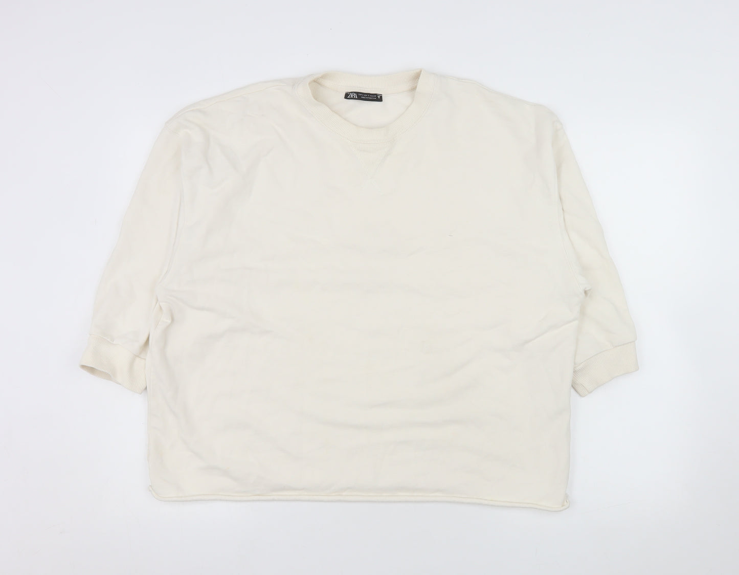ZARA Women Ivory Cotton Crew Neck Pullover Sweatshirt Size S