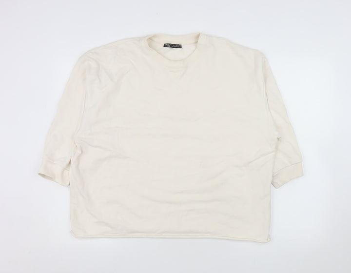 ZARA Women Ivory Cotton Crew Neck Pullover Sweatshirt Size S