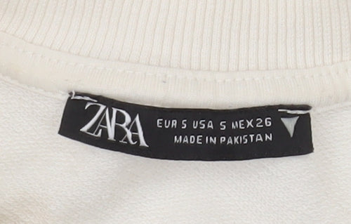 ZARA Women Ivory Cotton Crew Neck Pullover Sweatshirt Size S