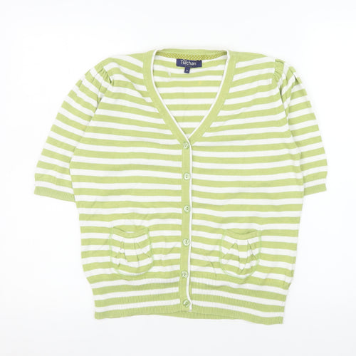 Tulchan Women’s Green White Striped Cotton V-Neck Short Sleeve Cardigan M