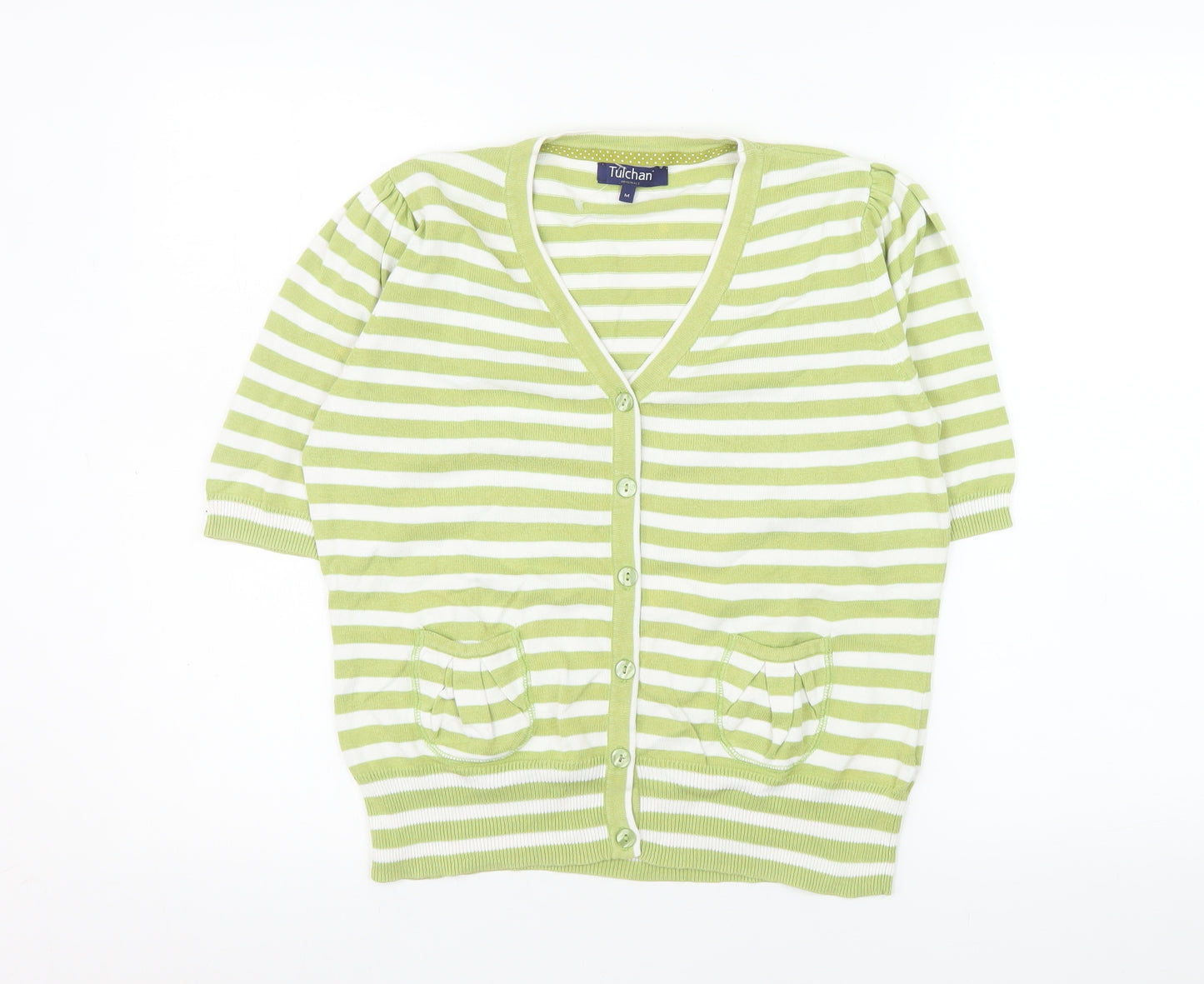 Tulchan Women’s Green White Striped Cotton V-Neck Short Sleeve Cardigan M