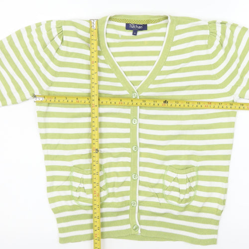 Tulchan Women’s Green White Striped Cotton V-Neck Short Sleeve Cardigan M