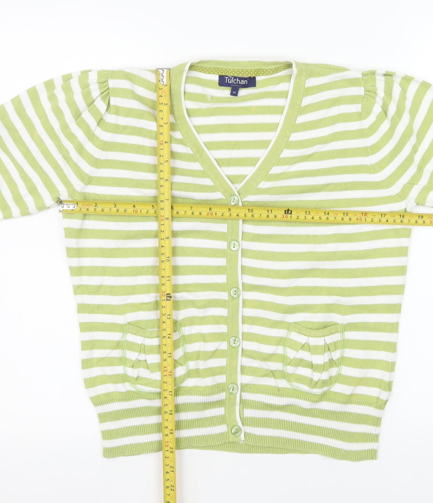 Tulchan Women’s Green White Striped Cotton V-Neck Short Sleeve Cardigan M
