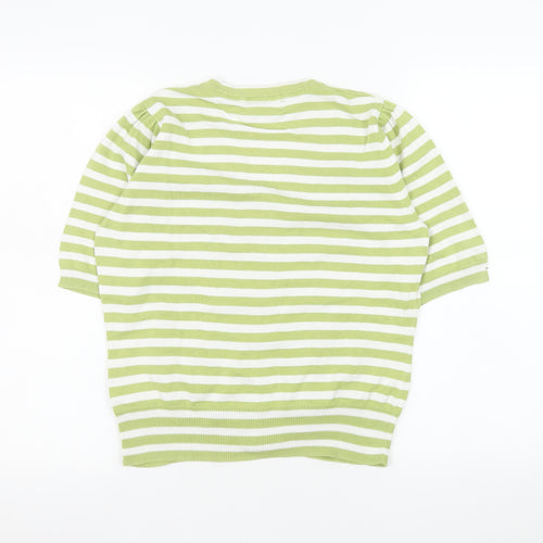 Tulchan Women’s Green White Striped Cotton V-Neck Short Sleeve Cardigan M