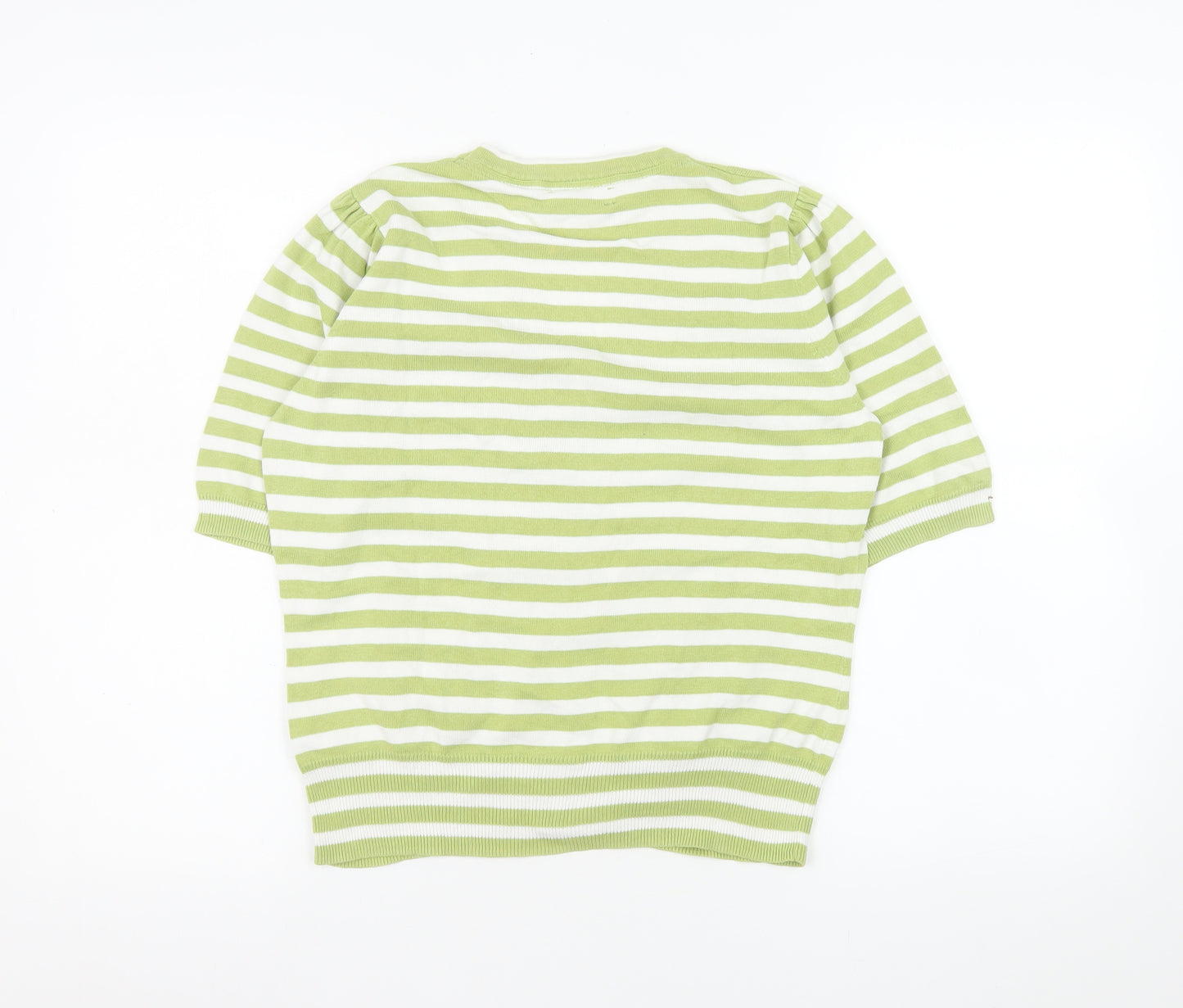 Tulchan Women’s Green White Striped Cotton V-Neck Short Sleeve Cardigan M
