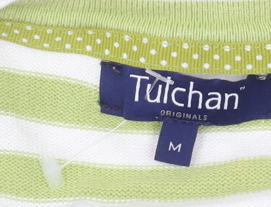 Tulchan Women’s Green White Striped Cotton V-Neck Short Sleeve Cardigan M