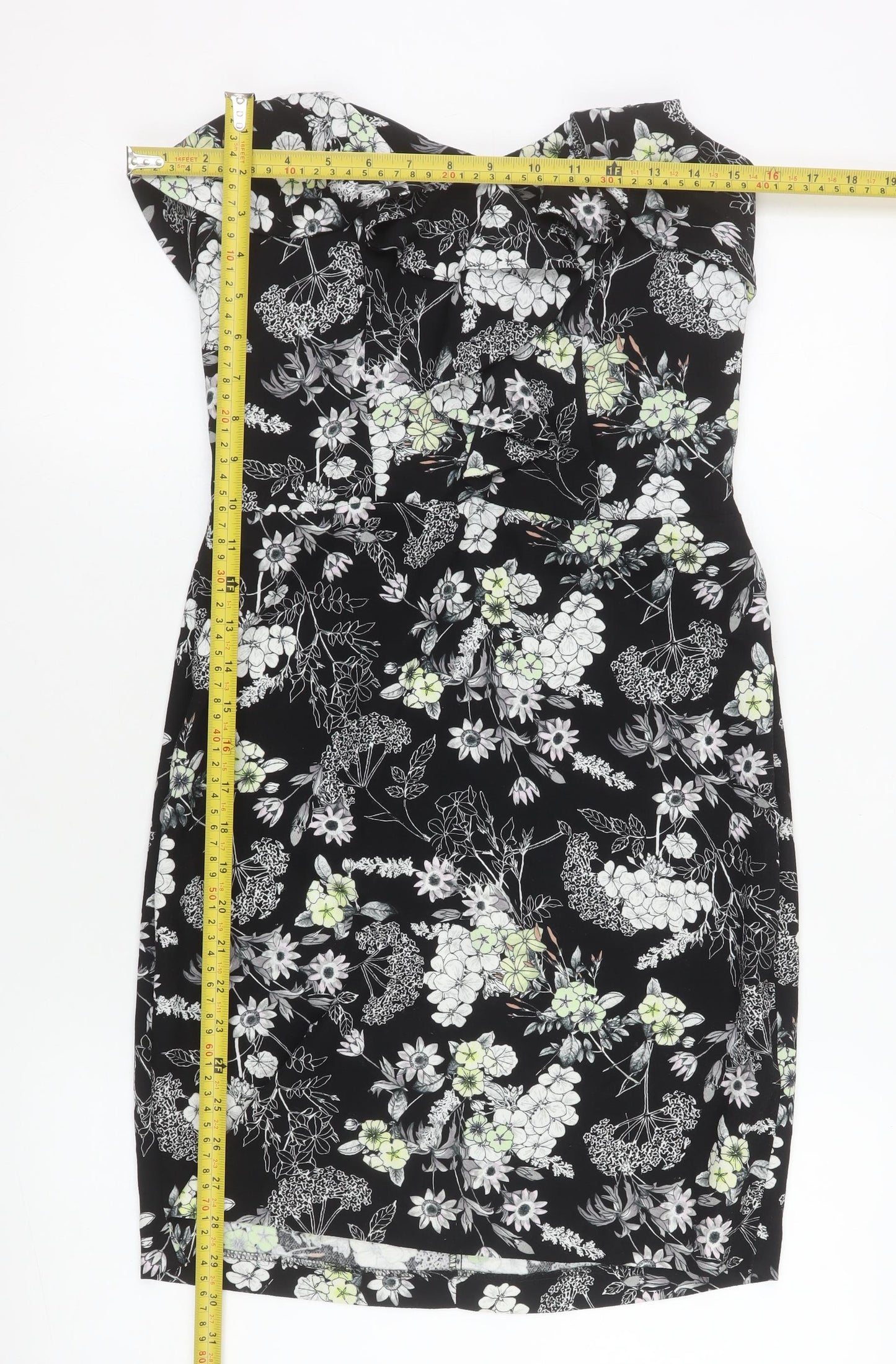 Miss Selfridge Women's Black Floral Strapless Bodycon Dress Size 10