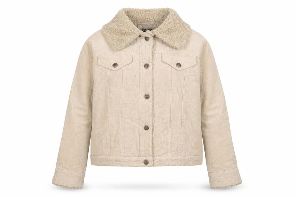 Front view of Route 66 Women's Beige Corduroy Sherpa Lined Trucker Jacket M