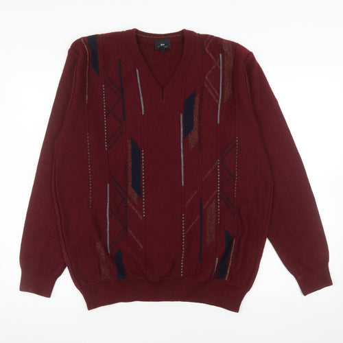 DG's Prestige Collection Men's Red V-Neck Geometric Wool Blend Jumper L