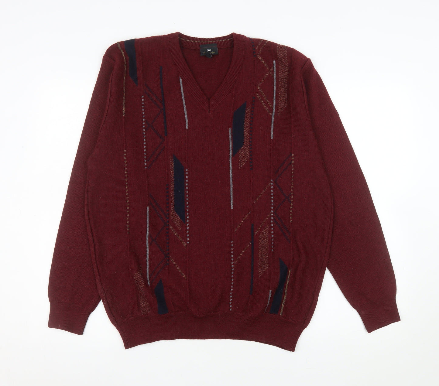 DG's Prestige Collection Men's Red V-Neck Geometric Wool Blend Jumper L