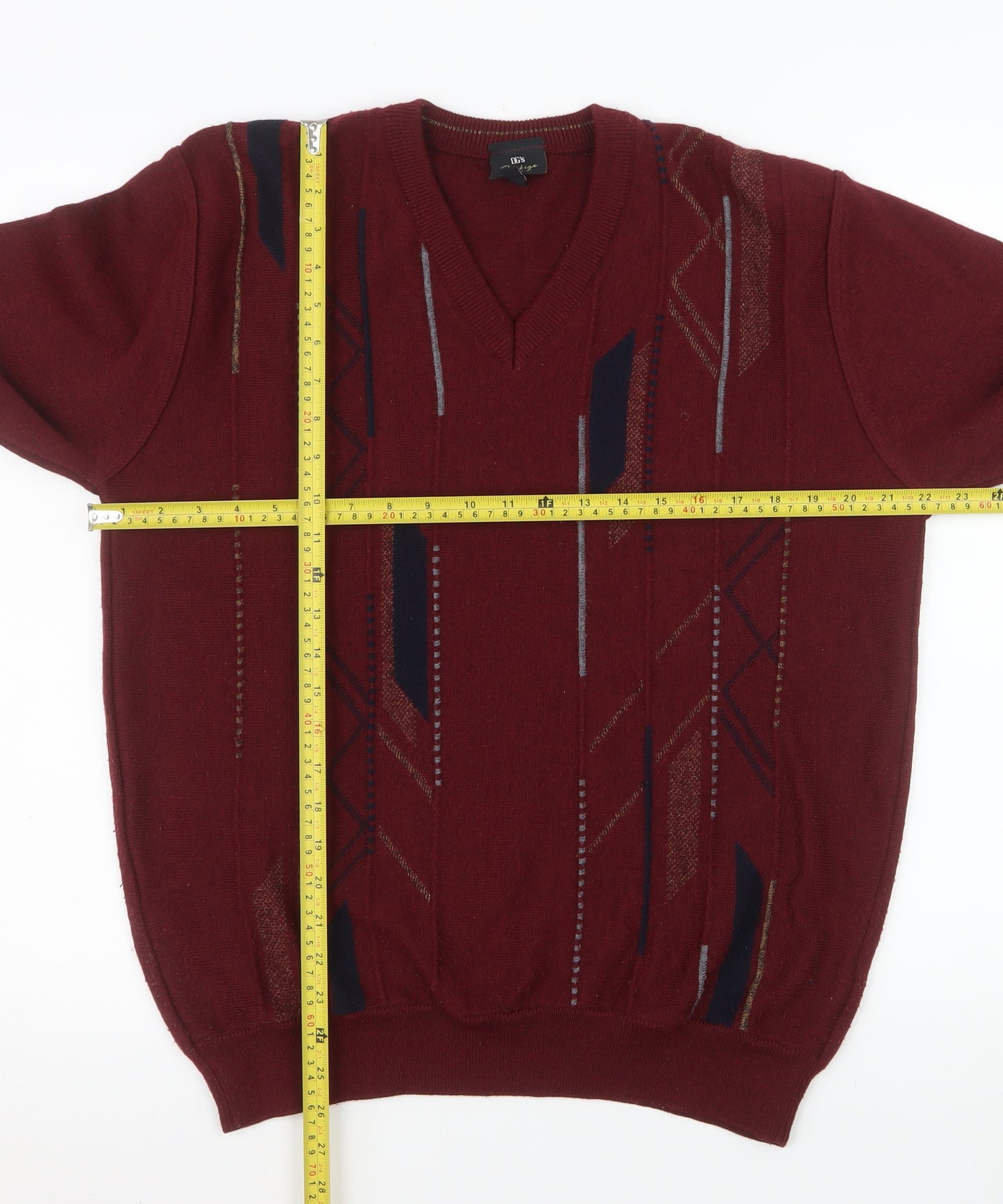 DG's Prestige Collection Men's Red V-Neck Geometric Wool Blend Jumper L