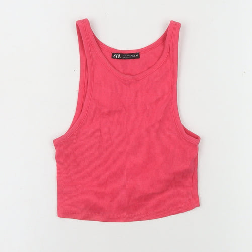ZARA Womens Pink Cropped Tank Top S Cotton Blend Racerback