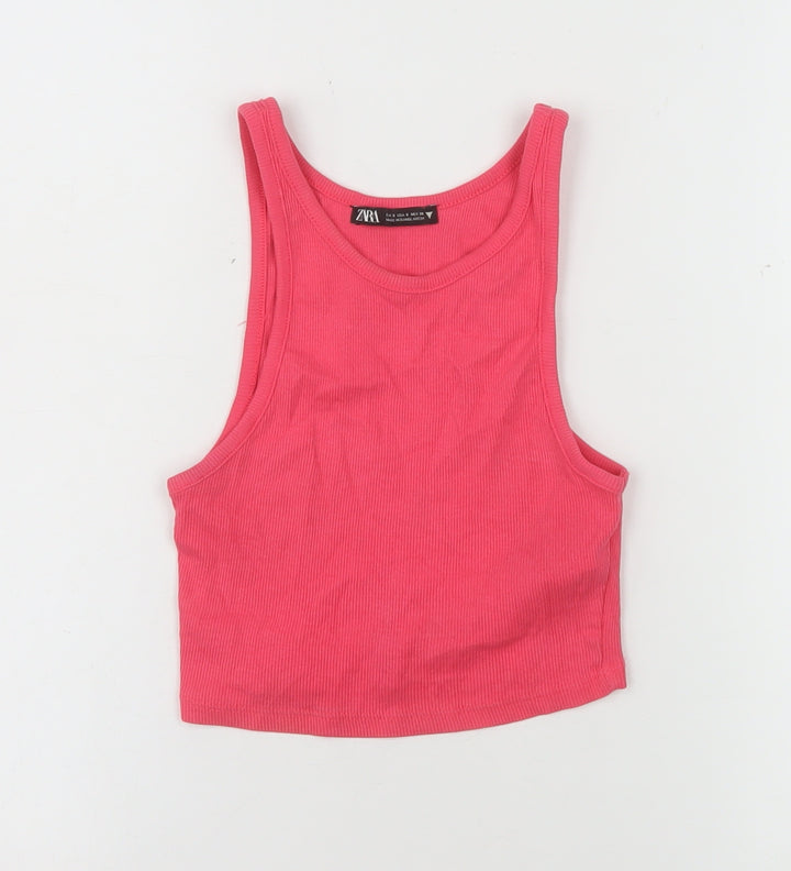 ZARA Womens Pink Cropped Tank Top S Cotton Blend Racerback