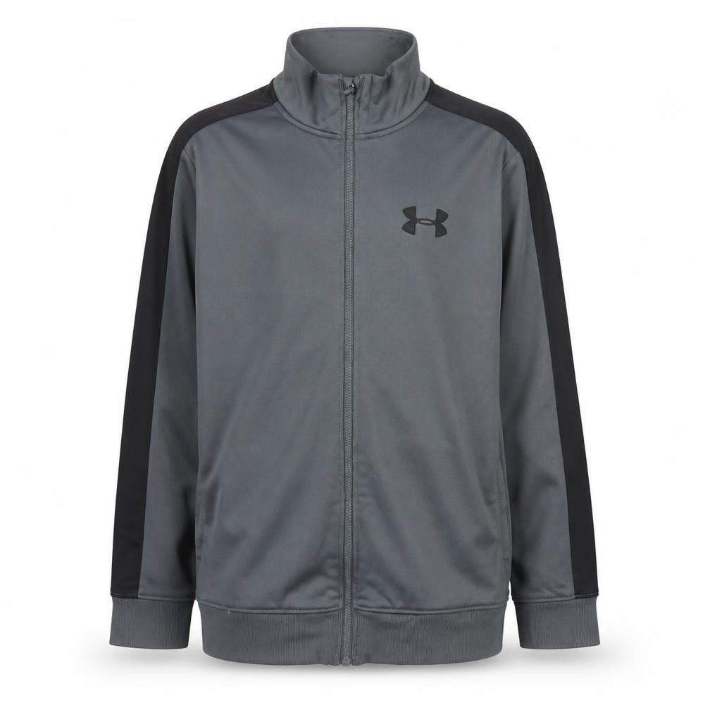 Front view of Under Armour boys’ grey full zip track jacket, size 10, years polyester