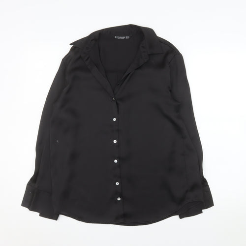 Stradivarius Women Black XS Satin Button-Up Long Sleeve Shirt