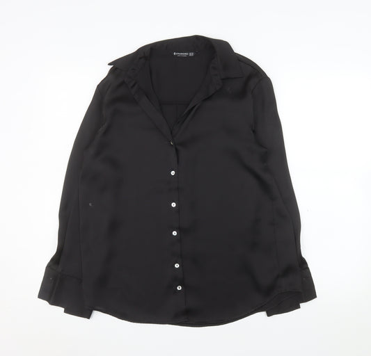 Stradivarius Women Black XS Satin Button-Up Long Sleeve Shirt