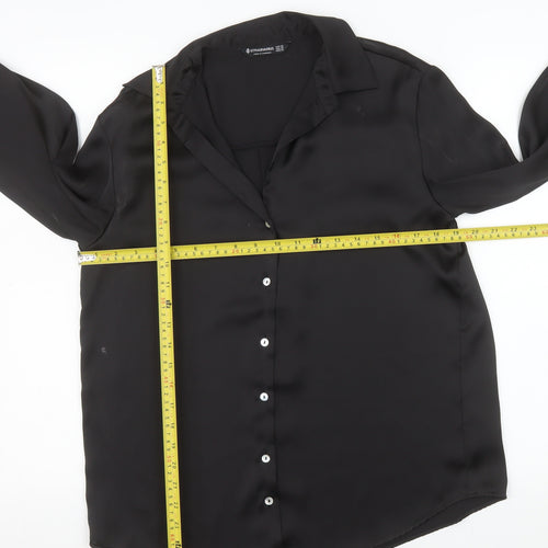 Stradivarius Women Black XS Satin Button-Up Long Sleeve Shirt