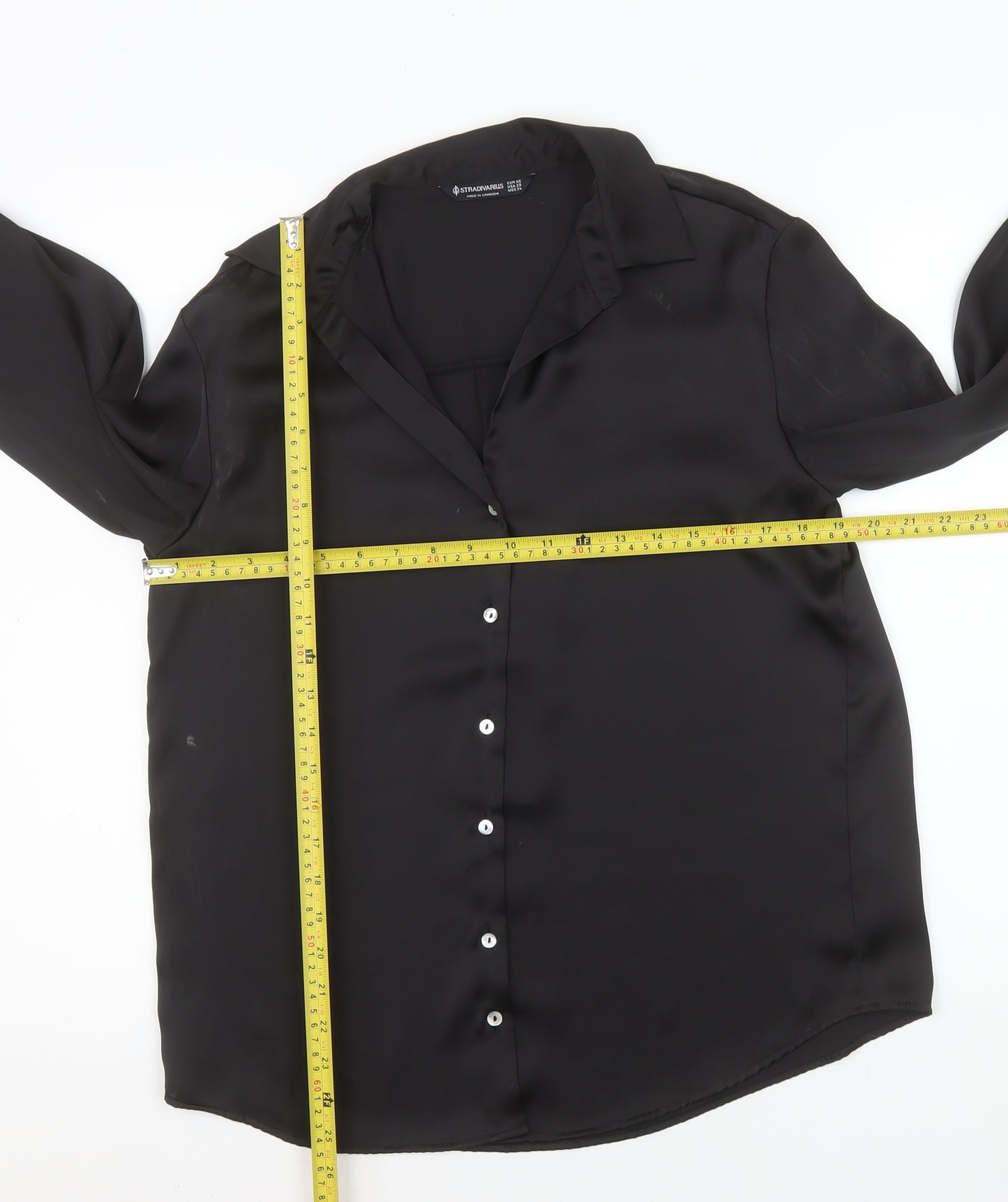 Stradivarius Women Black XS Satin Button-Up Long Sleeve Shirt