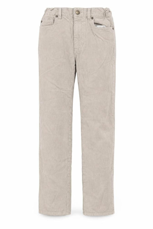 Front view of John Lewis boys’ beige corduroy chino trousers 11 years elastic waist