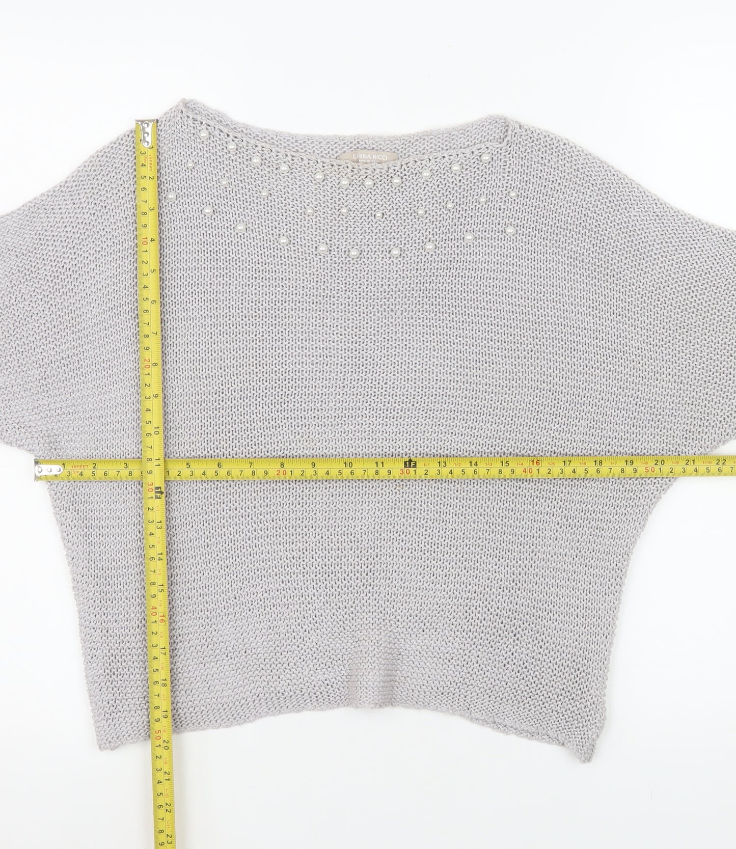 Carina Ricci Women Grey Beaded Knit Boat Neck Jumper Size S