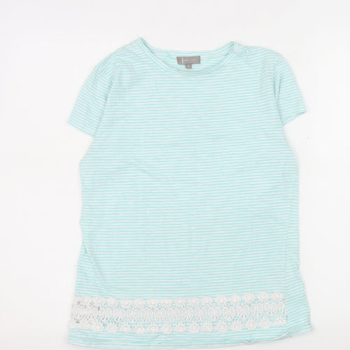 First Avenue Women Blue Striped Crochet Hem T-Shirt Size S