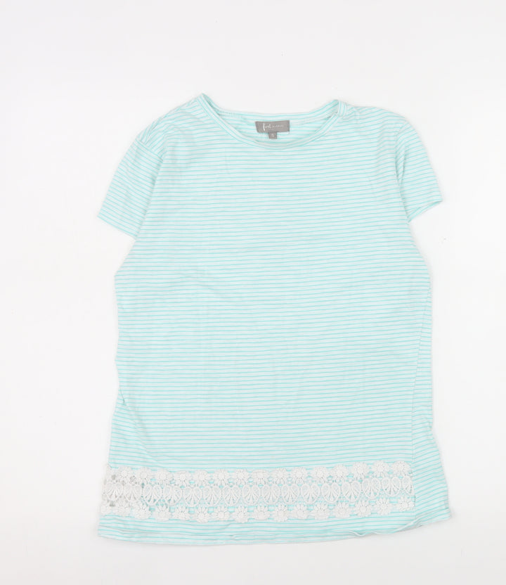 First Avenue Women Blue Striped Crochet Hem T-Shirt Size S