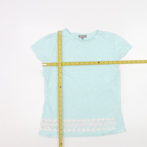 First Avenue Women Blue Striped Crochet Hem T-Shirt Size S