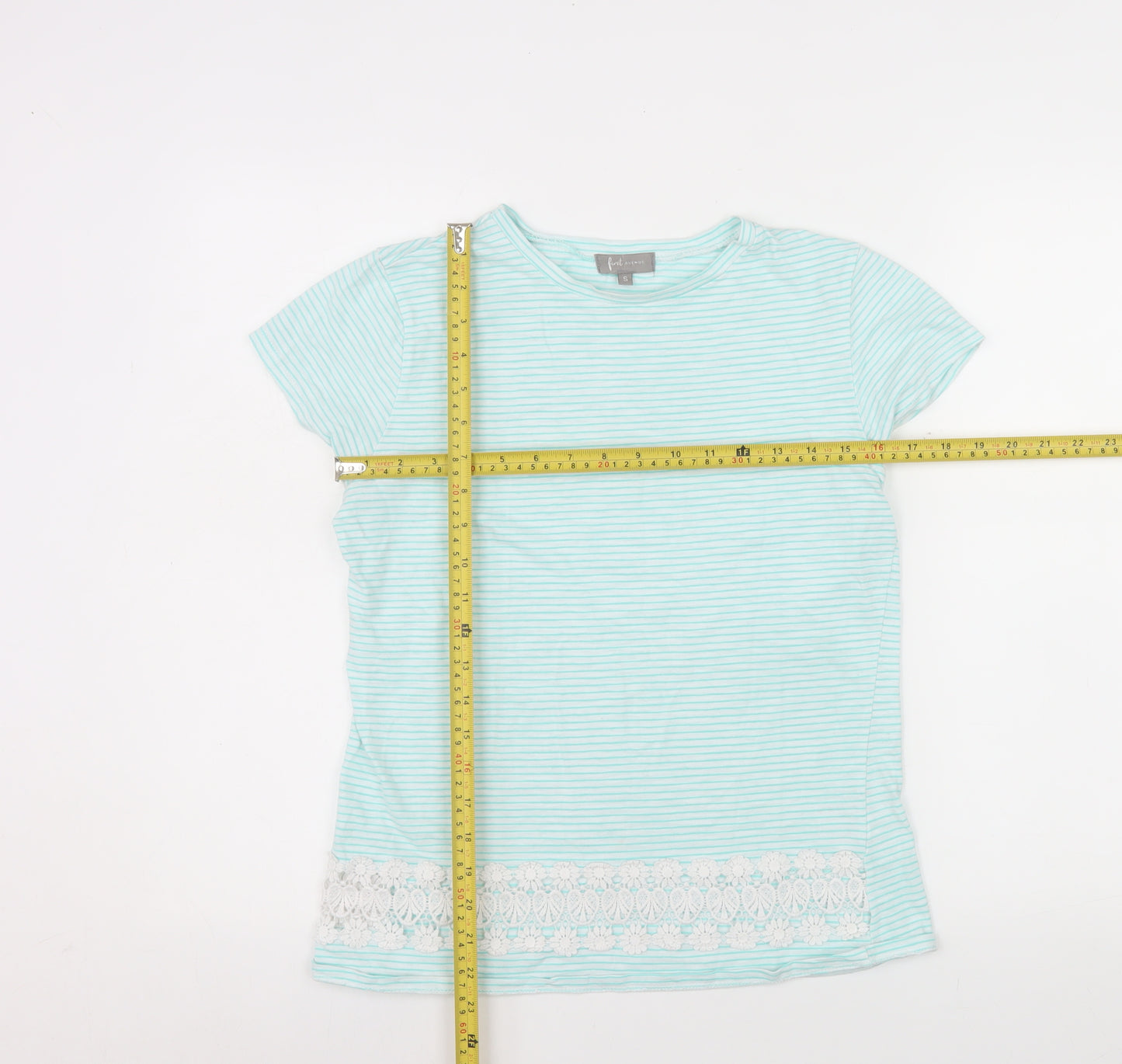 First Avenue Women Blue Striped Crochet Hem T-Shirt Size S
