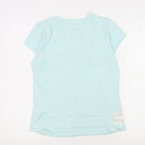 First Avenue Women Blue Striped Crochet Hem T-Shirt Size S