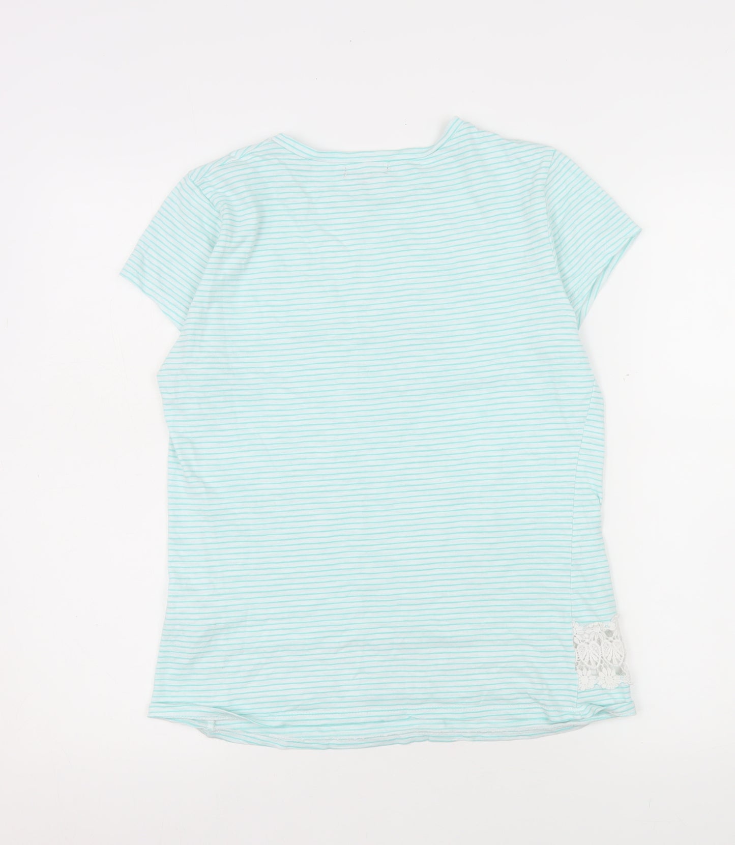 First Avenue Women Blue Striped Crochet Hem T-Shirt Size S