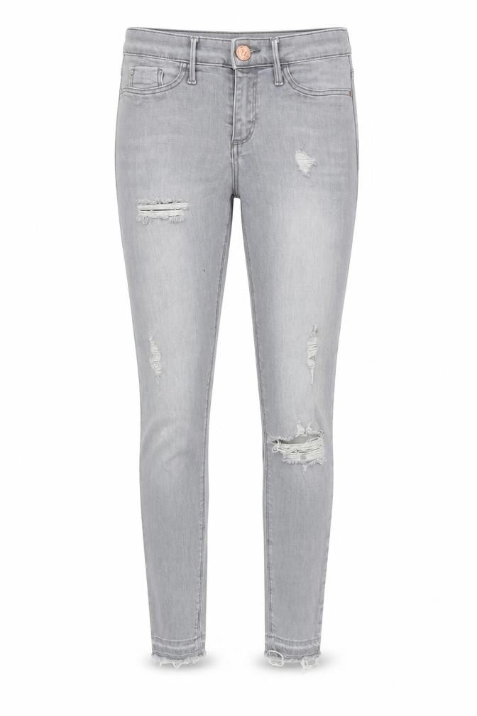 Front view of River Island women’s grey distressed skinny jeans, size UK 8