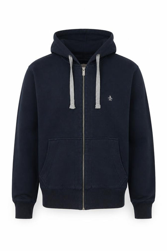 Front view of Original Penguin by Munsingwear Men's Blue Hooded Cotton Zip Jacket, size M
