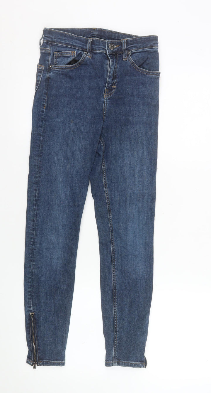Topshop Women’s Blue Moto Skinny Jeans W28 L30 Mid Rise Ankle Zip Denim