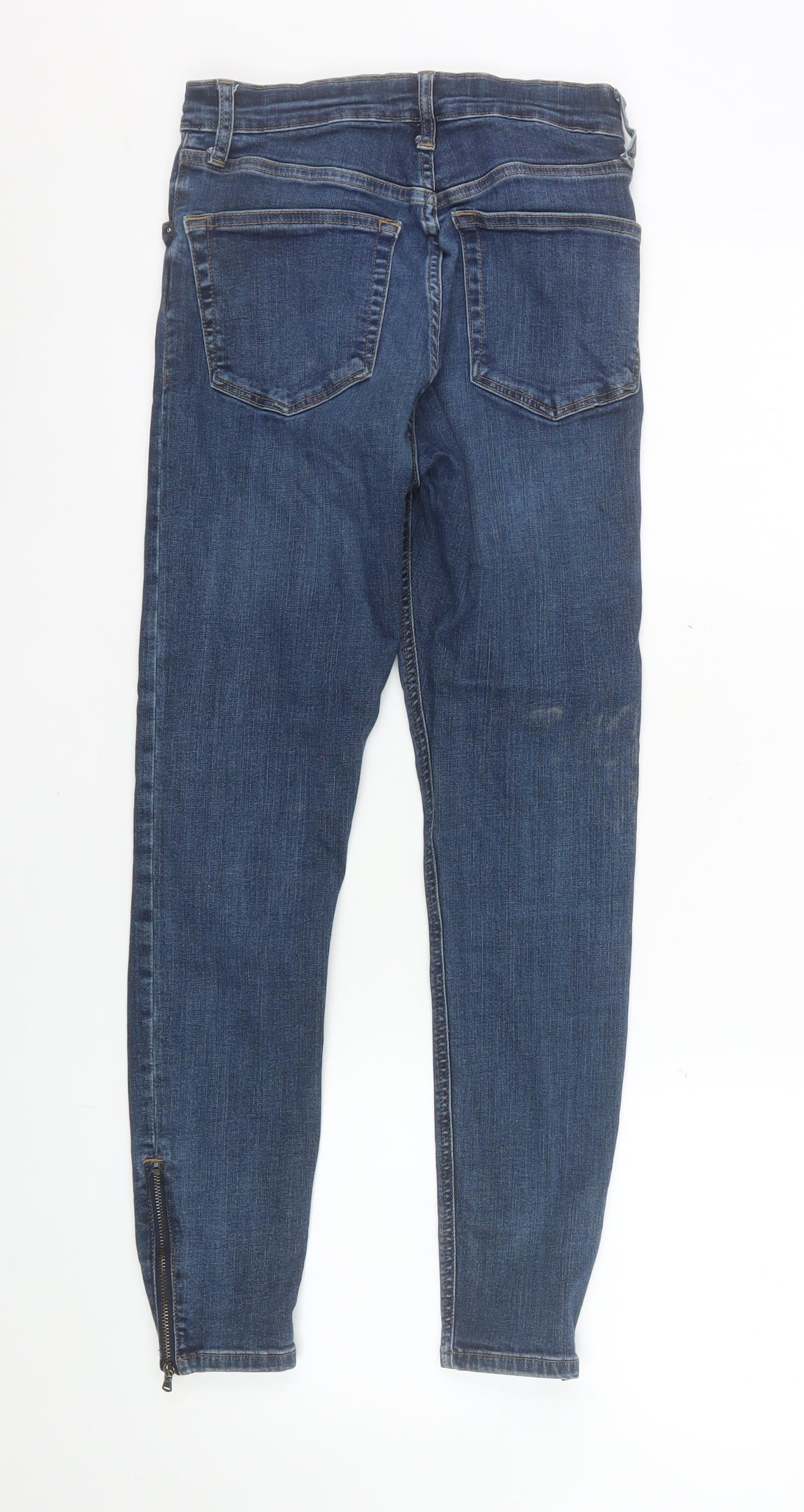 Topshop Women’s Blue Moto Skinny Jeans W28 L30 Mid Rise Ankle Zip Denim