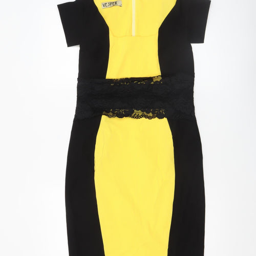 Vesper Women’s Black Yellow Lace Bodycon Knee Length Dress Size 14