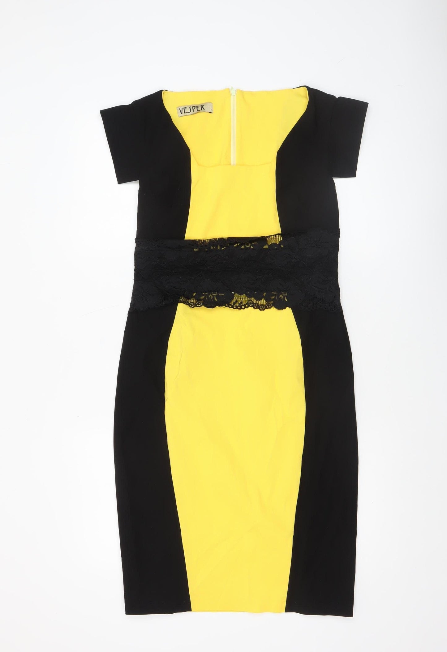 Vesper Women’s Black Yellow Lace Bodycon Knee Length Dress Size 14