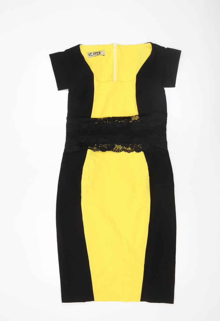 Vesper Women’s Black Yellow Lace Bodycon Knee Length Dress Size 14
