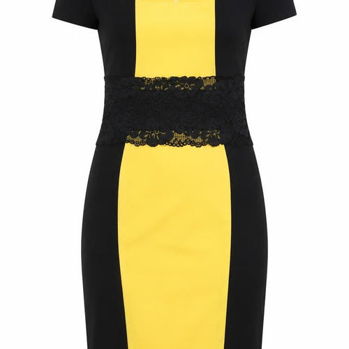 Vesper Women’s Black Yellow Lace Bodycon Knee Length Dress Size 14