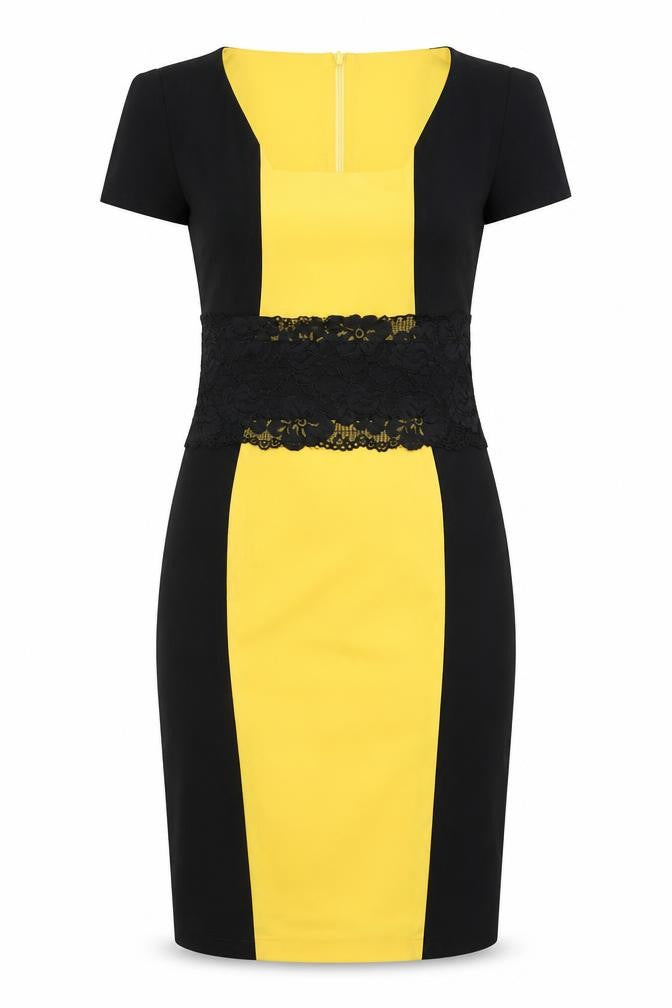 Vesper Women’s Black Yellow Lace Bodycon Knee Length Dress Size 14