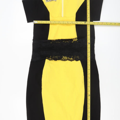Vesper Women’s Black Yellow Lace Bodycon Knee Length Dress Size 14