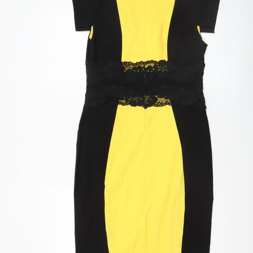 Vesper Women’s Black Yellow Lace Bodycon Knee Length Dress Size 14