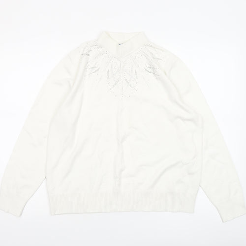 Castle of Ireland Women White Mock Neck Jumper 18/44 with Rhinestone Detail