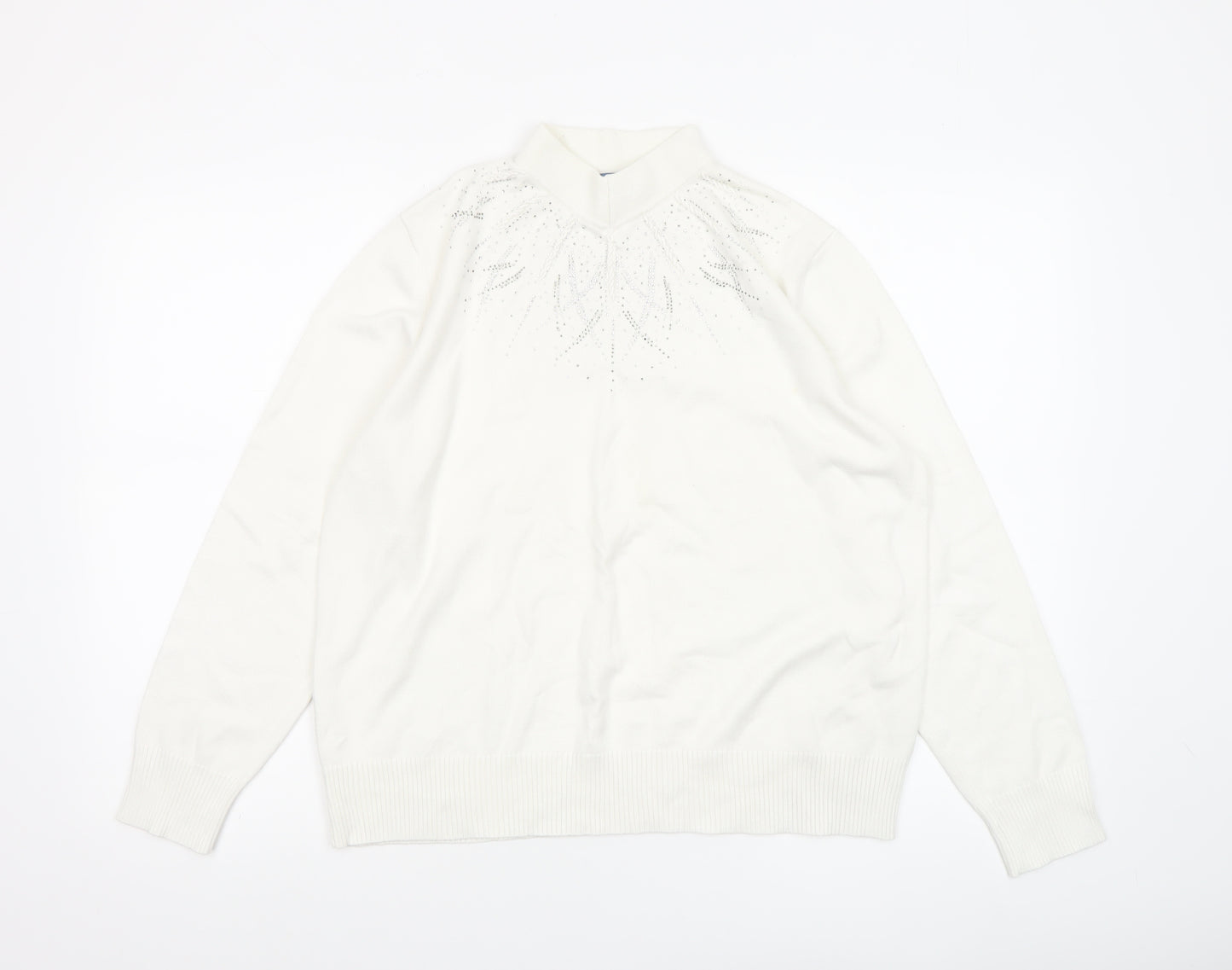 Castle of Ireland Women White Mock Neck Jumper 18/44 with Rhinestone Detail