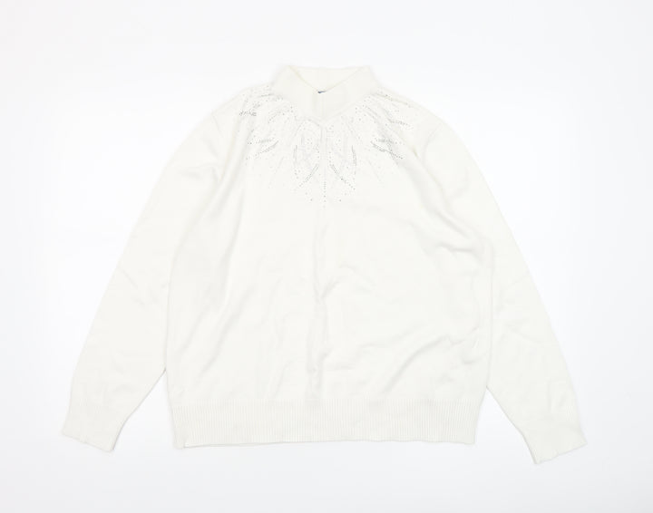 Castle of Ireland Women White Mock Neck Jumper 18/44 with Rhinestone Detail