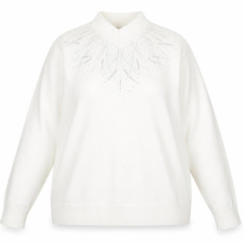 Castle of Ireland Women White Mock Neck Jumper 18/44 with Rhinestone Detail