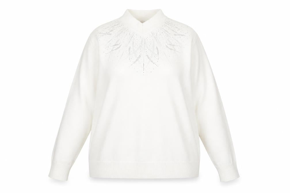 Castle of Ireland Women White Mock Neck Jumper 18/44 with Rhinestone Detail