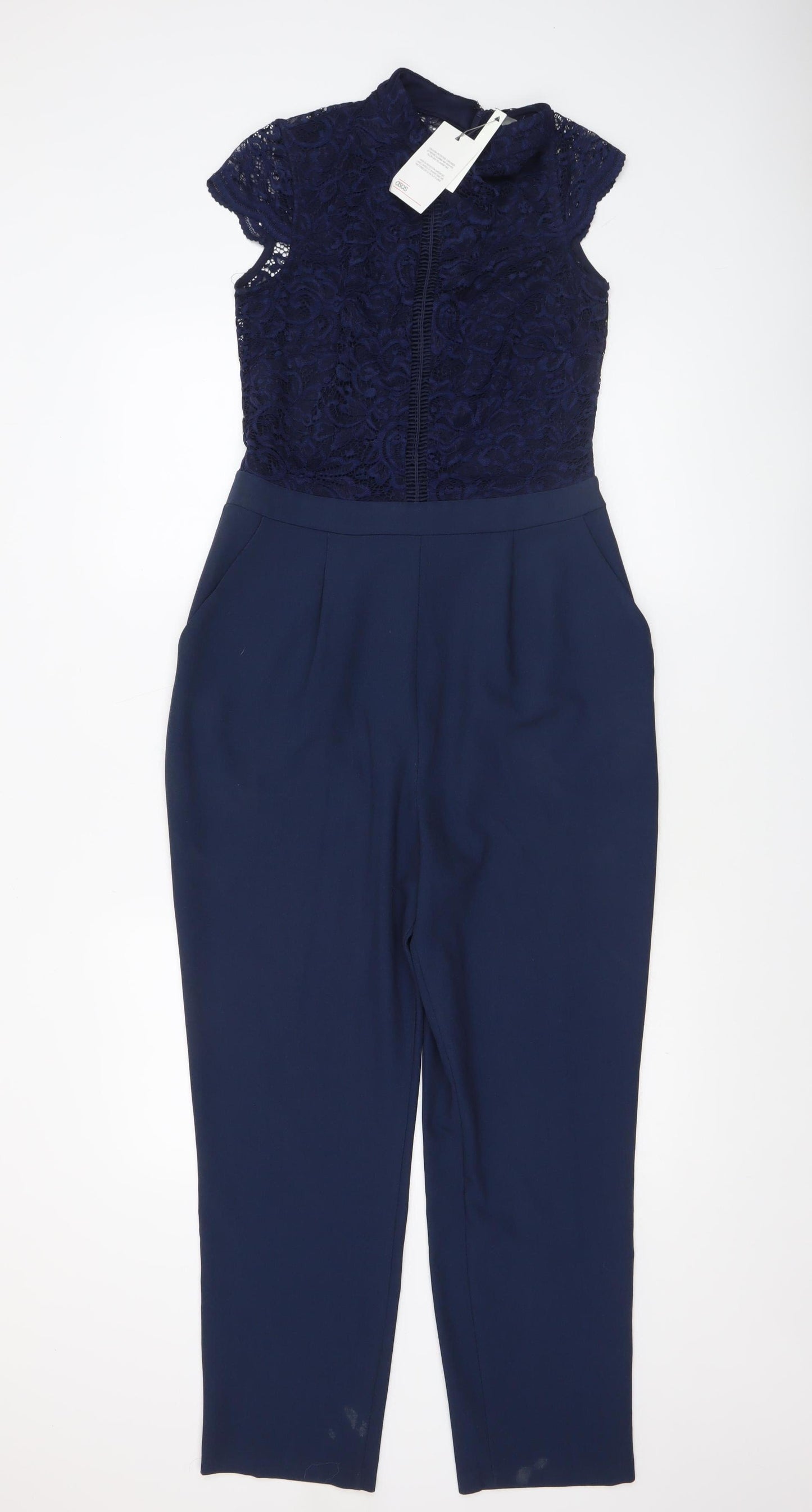 ASOS Women Navy Blue Lace Short Sleeve Jumpsuit UK 10