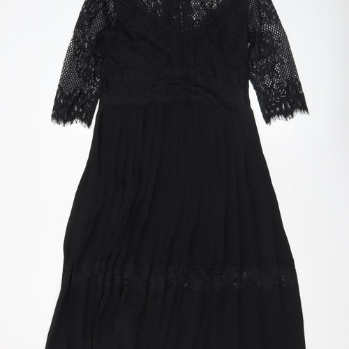 Zara Basic Women's Black Lace 3/4 Sleeve A-Line Dress Size 12