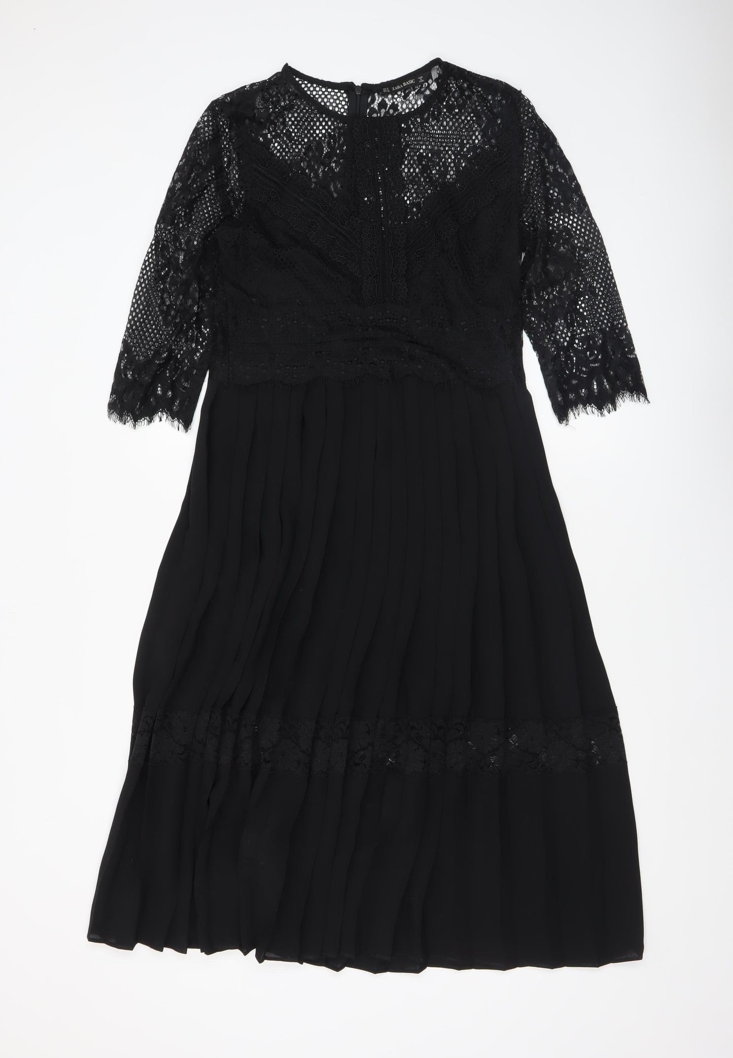 Zara Basic Women's Black Lace 3/4 Sleeve A-Line Dress Size 12