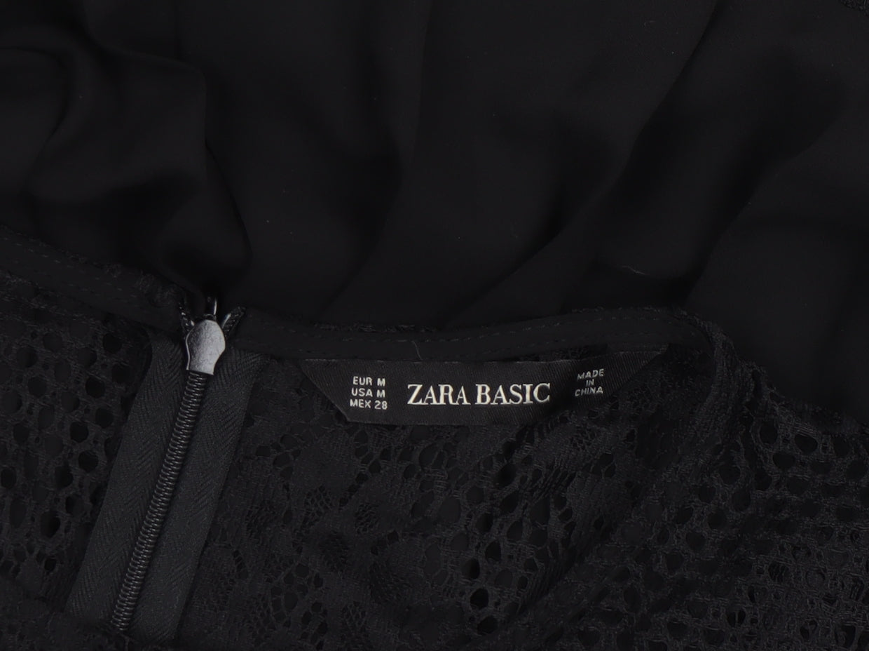 Zara Basic Women's Black Lace 3/4 Sleeve A-Line Dress Size 12